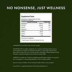 Swanson Concentrace label highlights GRAS, vegan, halal, kosher certifications for trusted minerals.