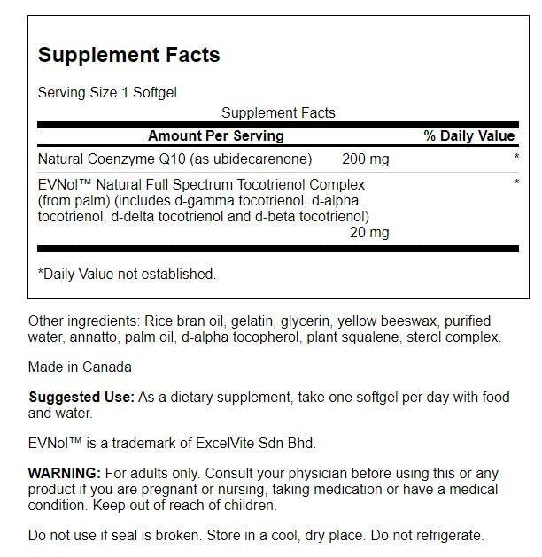 Swanson CoQ10 softgels close-up, non-GMO and energy metabolism support.