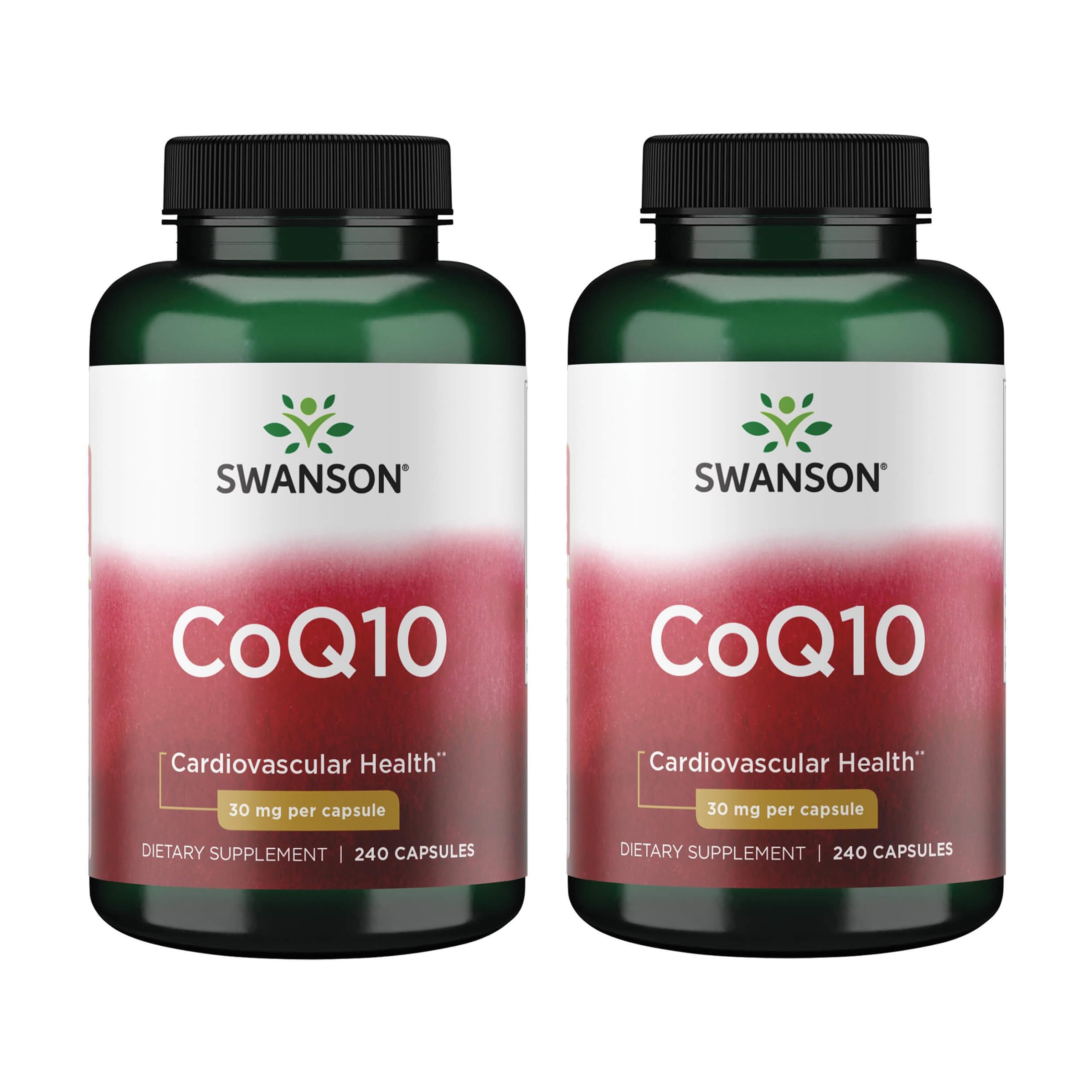 Swanson CoQ10 30 mg bottle front view shows a two-pack packaging.