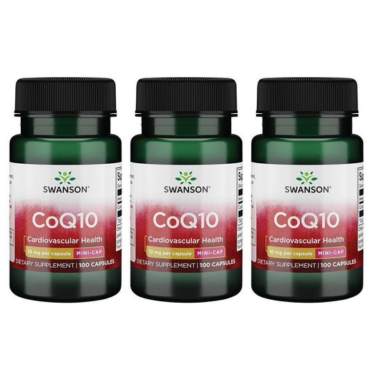 Swanson CoQ10 Mini Cap bottle shows a 10 mg dose for daily wellness.