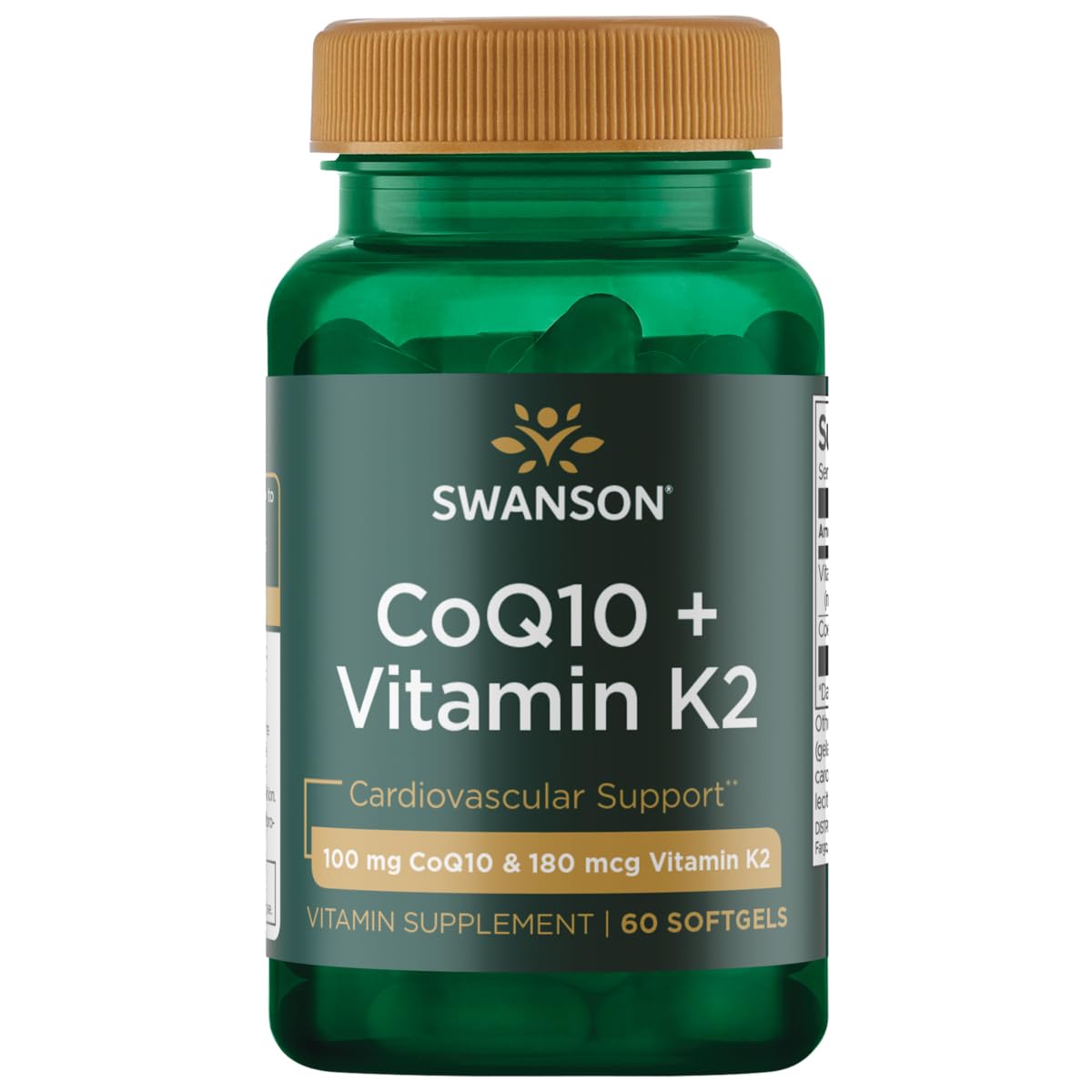 Swanson CoQ10 Vitamin K2 60 Sgels bottle highlighting arterial flexibility and heart support.