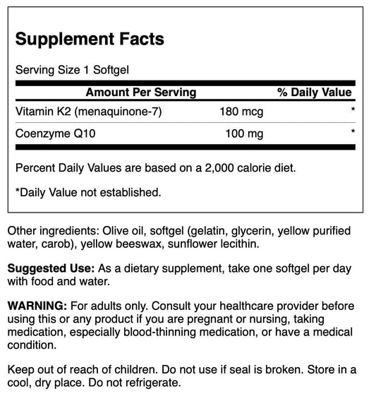 Swanson CoQ10 Vitamin K2 60 Sgels label showing product details for everyday wellness.