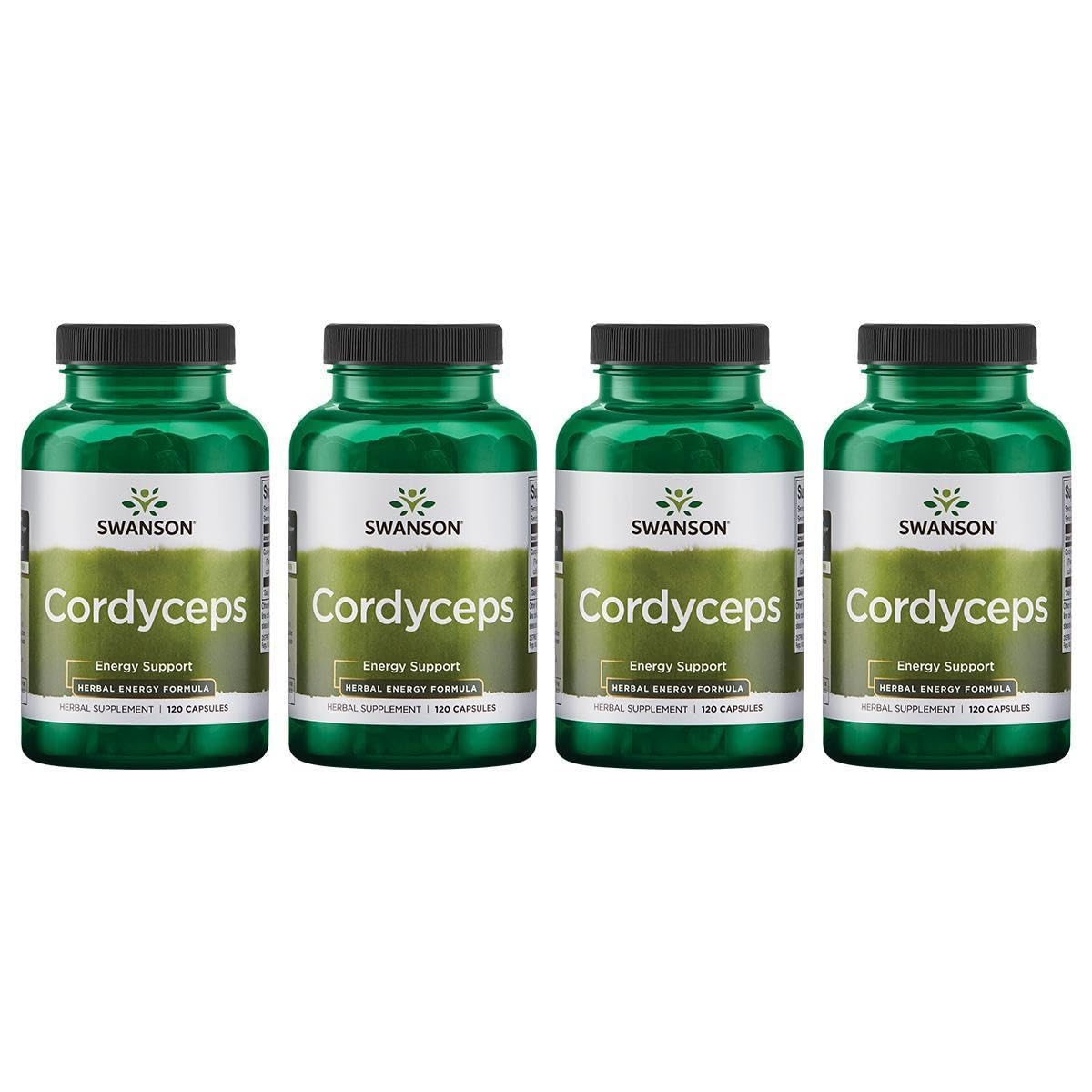 Swanson Cordyceps 600 mg bottle with capsules, potentially supporting daily energy