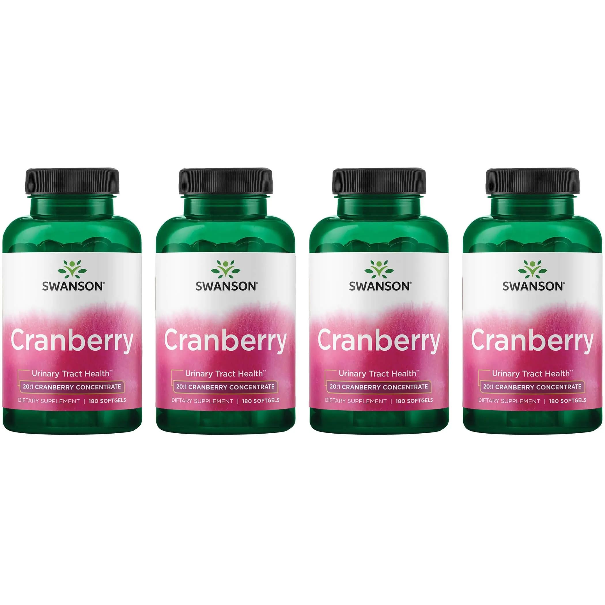 Swanson Cranberry bottle-front view showing 4 pack and 180 softgels for daily urinary health support