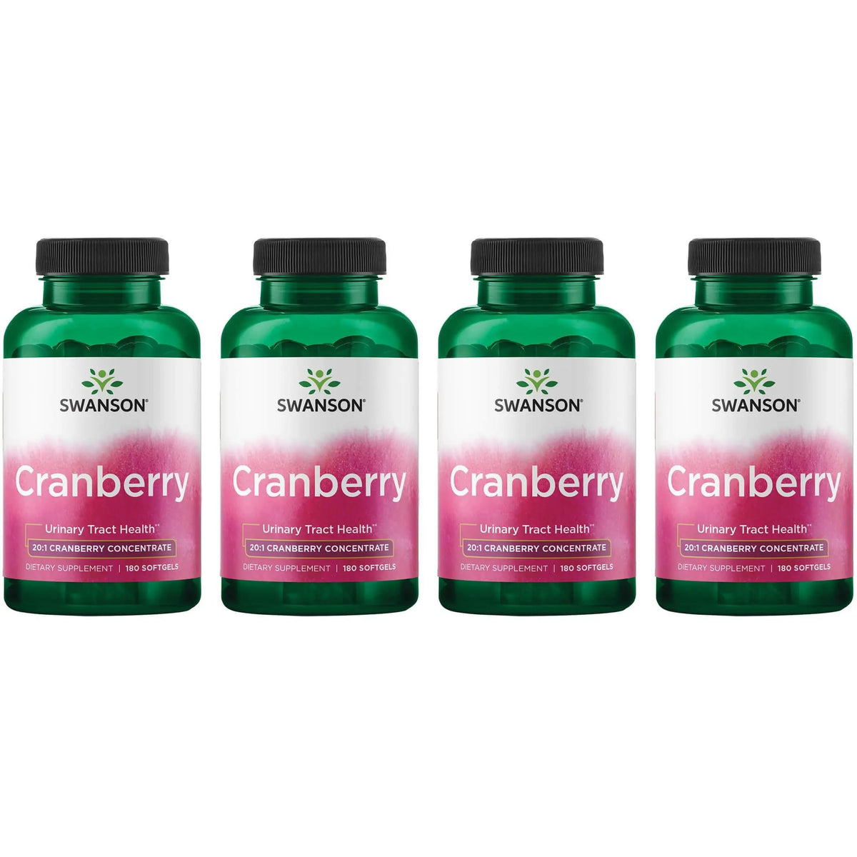 Swanson Cranberry bottle-front view showing 4 pack and 180 softgels for daily urinary health support