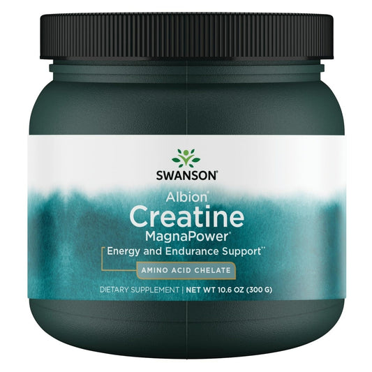 Swanson Creatine MagnaPower bottle highlighting magnesium chelate for potential uptake support