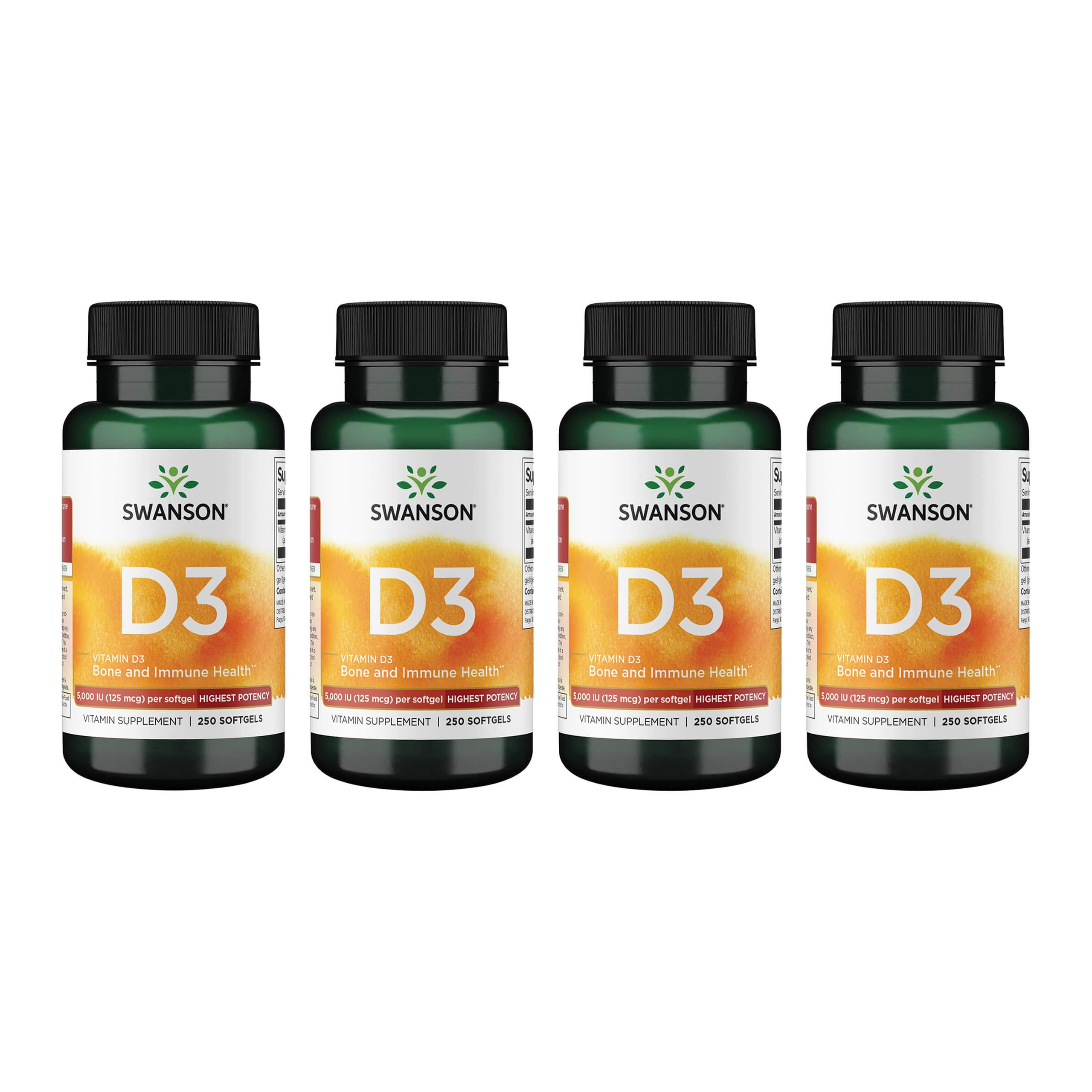 Swanson D3 softgels bottle for daily bone and immune support.