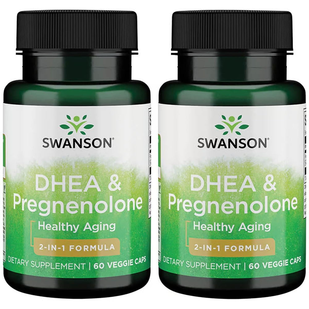 Swanson DHEA and Pregnenolone bottle with capsules for daily vitality.