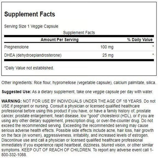 Swanson DHEA and Pregnenolone capsules on shelf for healthy aging support.