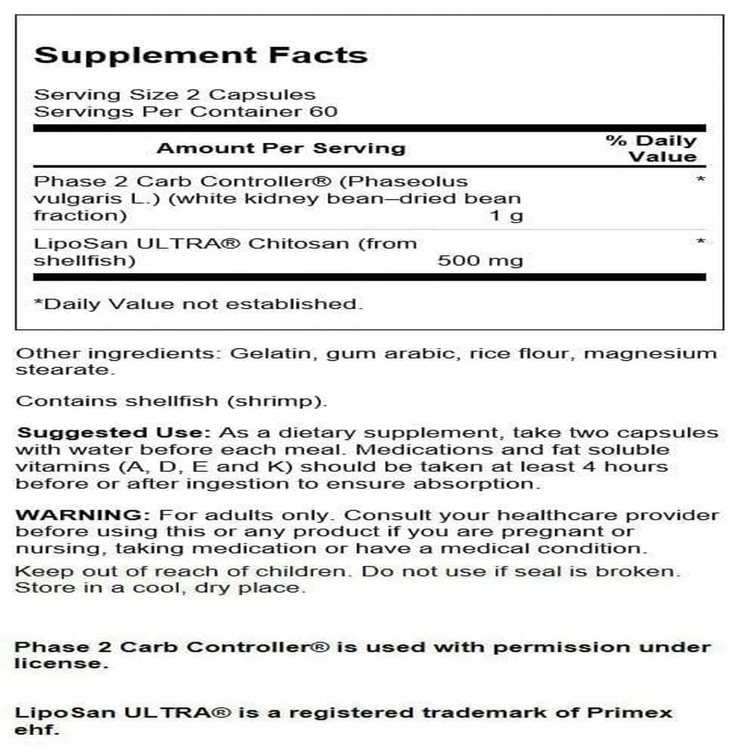 Swanson Diet Duo bottle back-label highlights Phase 2 starch blocker and chitosan ingredients