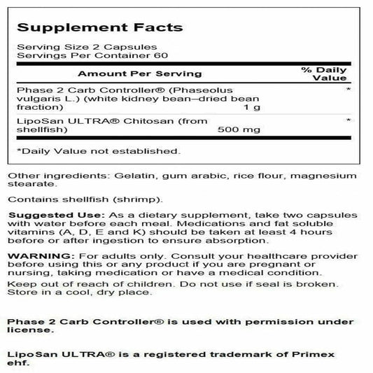 Swanson Diet Duo bottle back-label highlights Phase 2 starch blocker and chitosan ingredients