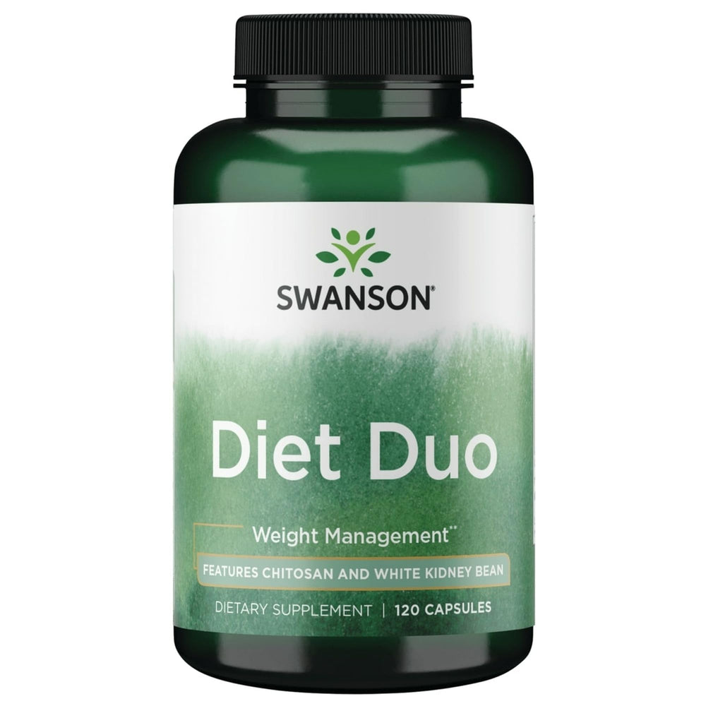 Swanson Diet Duo bottle front shows compact capsules for convenient daily use in weight management