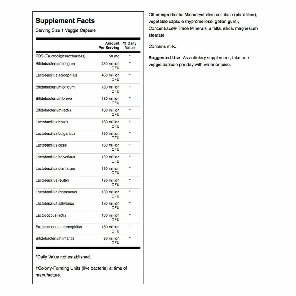 Close-up of Swanson formula label with 16 probiotic strains.