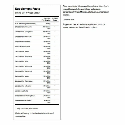 Close-up of Swanson formula label with 16 probiotic strains.