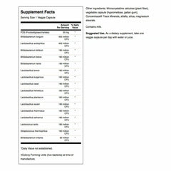 Close-up of Swanson formula label with 16 probiotic strains.