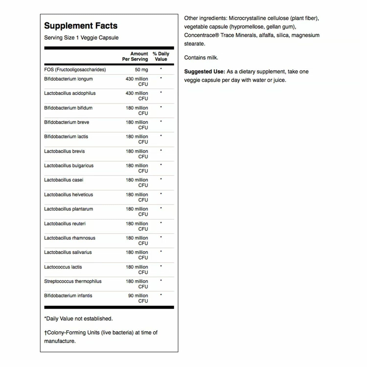 Swanson probiotic label detail showing 16 strains and FOS