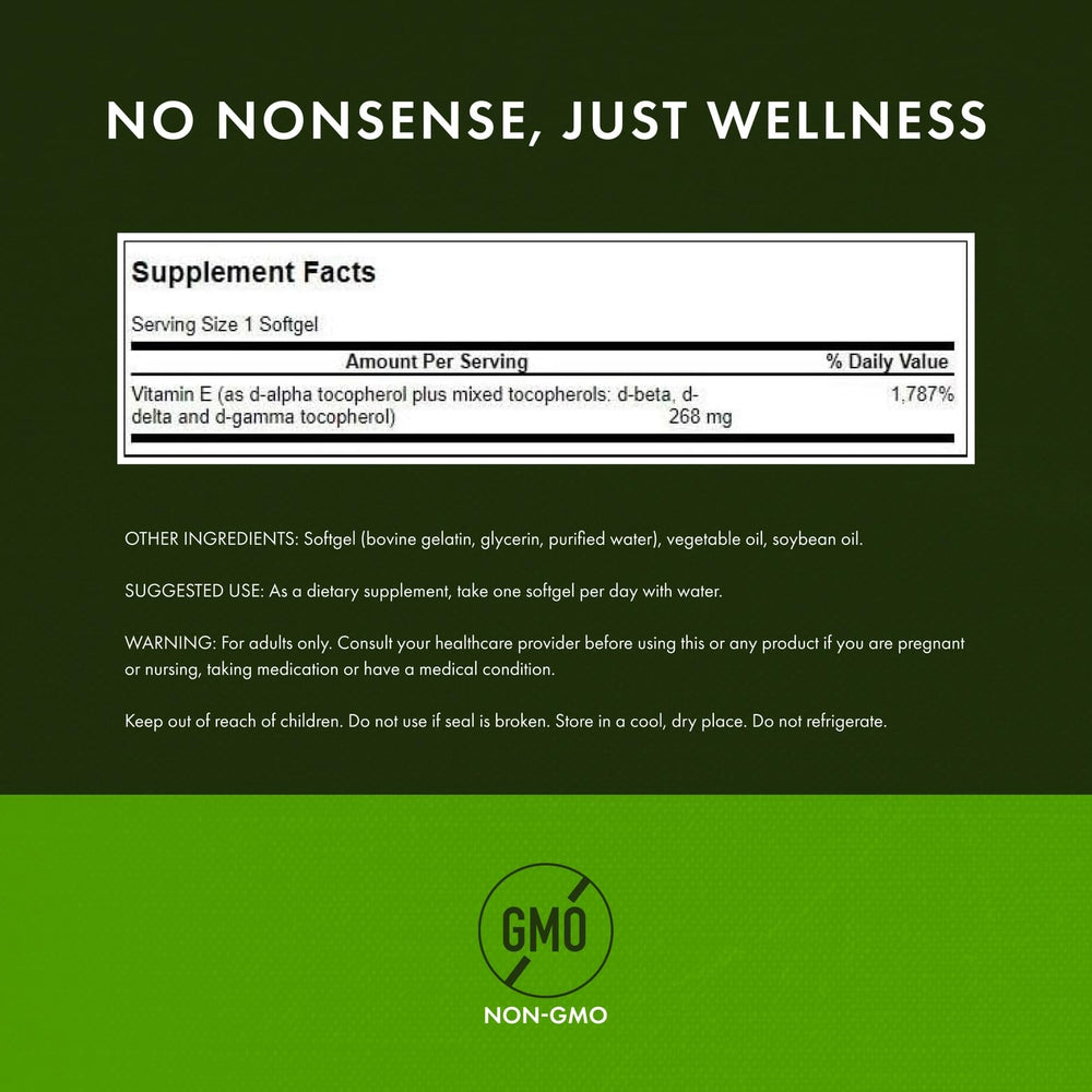 Swanson E-400 D-alpha tocopherol capsules close-up for heart-supportive antioxidant use.