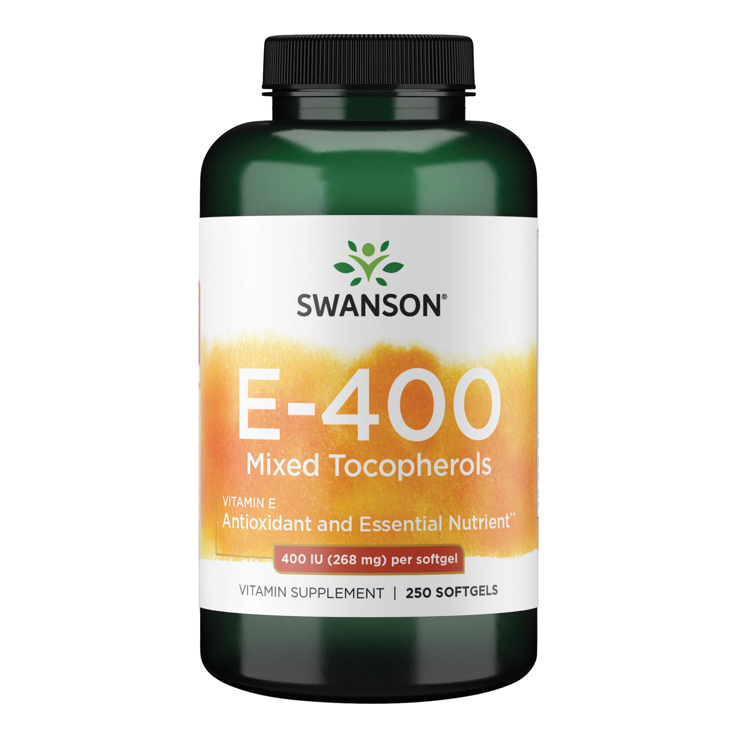 Swanson E-400 mixed tocopherols softgels for daily antioxidant support.