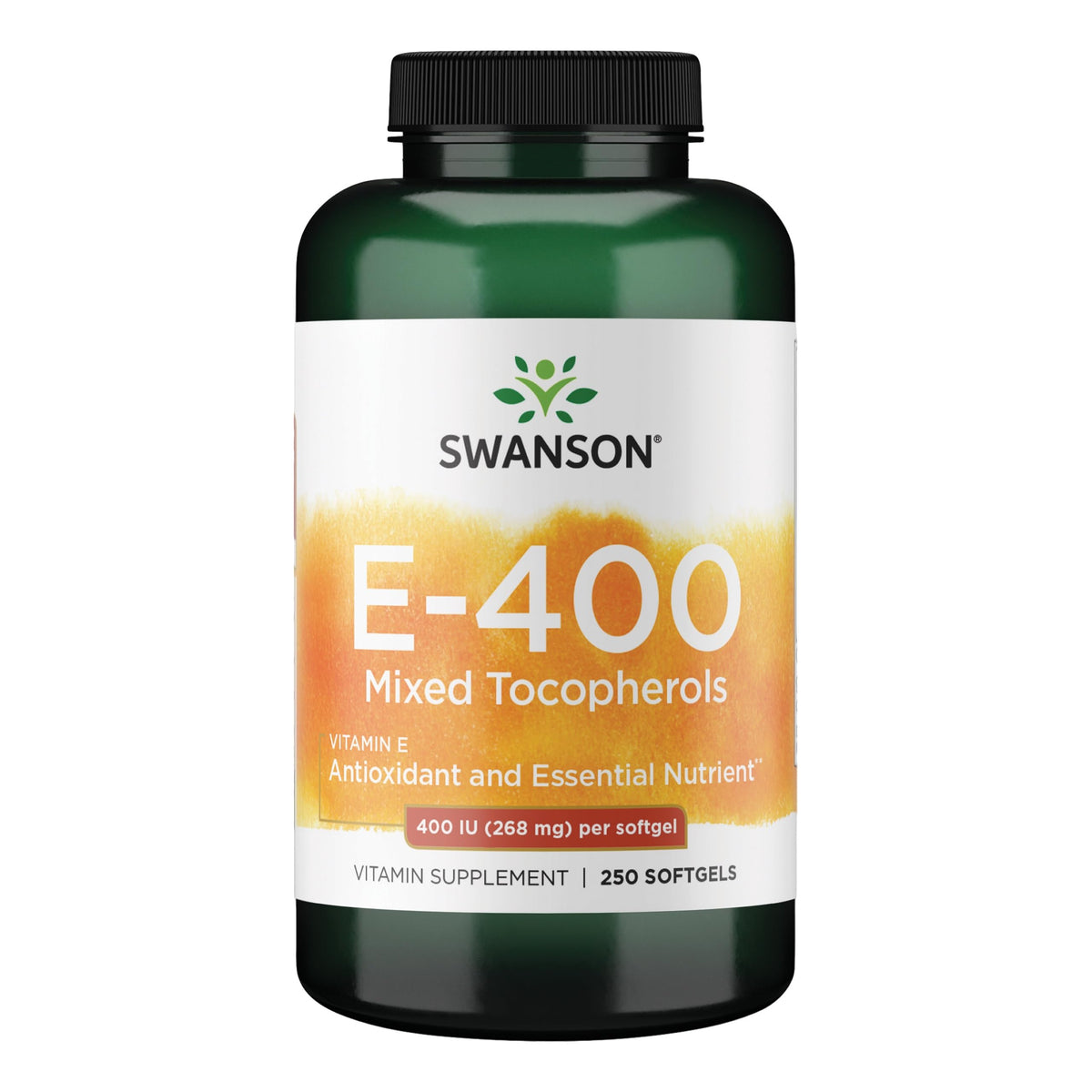 Swanson E-400 mixed tocopherols softgels for daily antioxidant support.