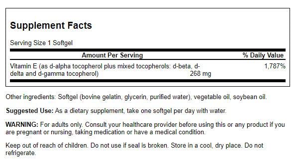 Swanson E-400 softgels closeup showing vitamin E blend antioxidant