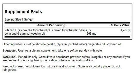 Swanson E-400 softgels closeup showing vitamin E blend antioxidant