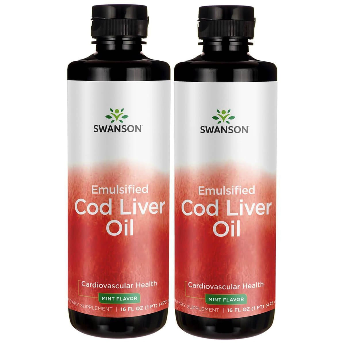 Swanson emulsified cod liver oil mint bottle front promotes daily wellness with a minty taste.