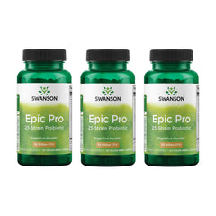 Swanson Epic-Pro probiotic bottle featuring 25 strains for gut health support.