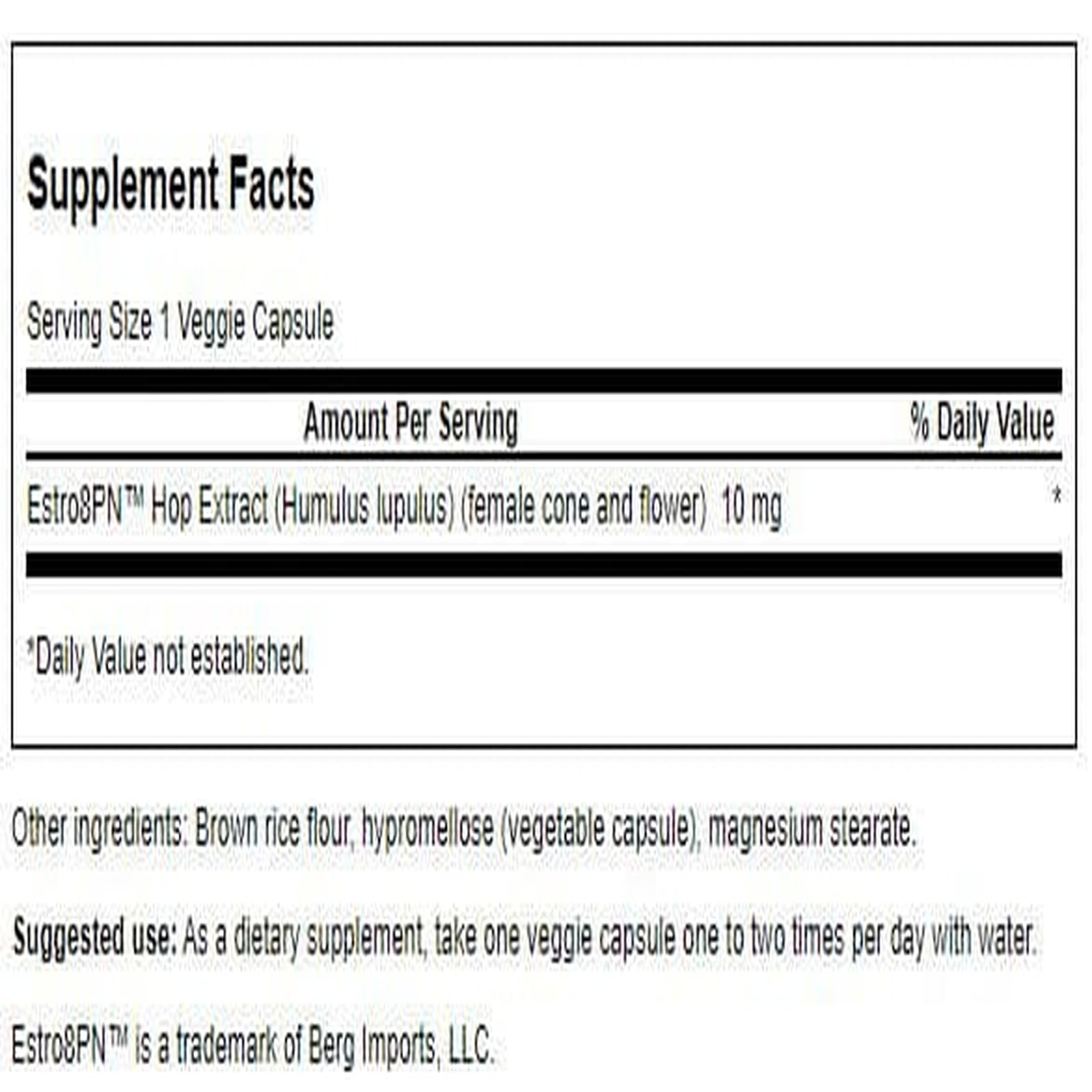 Close-up of Swanson Estro8Pn hop extract capsules, vegetarian formula for daily wellness.