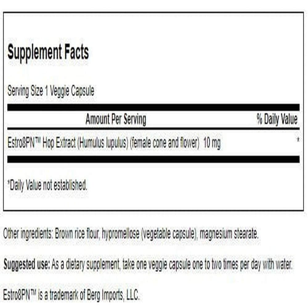 Close-up of Swanson Estro8Pn hop extract capsules, vegetarian formula for daily wellness.