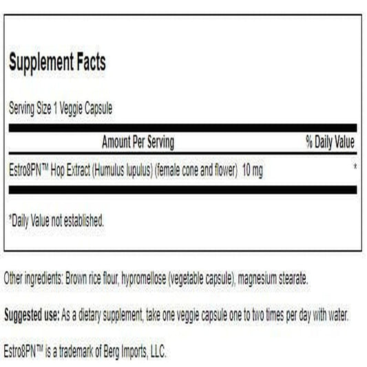 Close-up of Swanson Estro8Pn hop extract capsules, vegetarian formula for daily wellness.