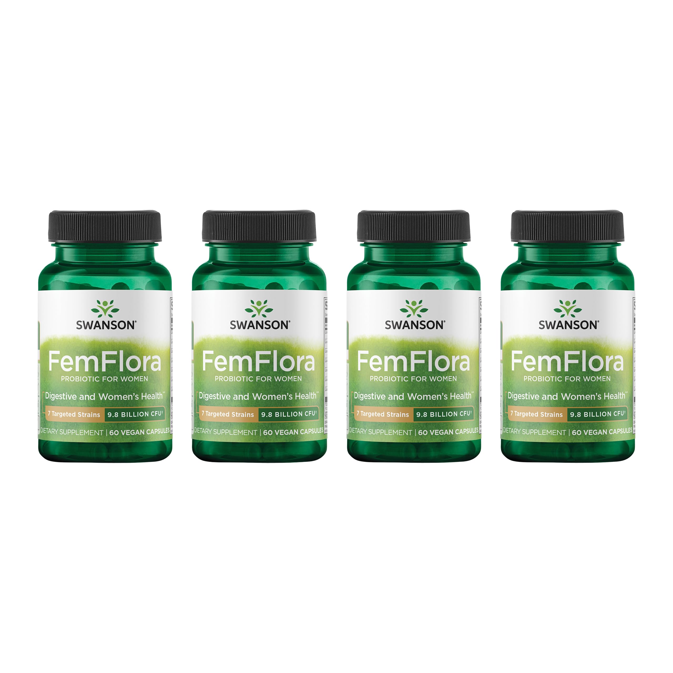 Swanson FemFlora bottle front highlighting the feminine probiotic formula for gut, oral, and vaginal support