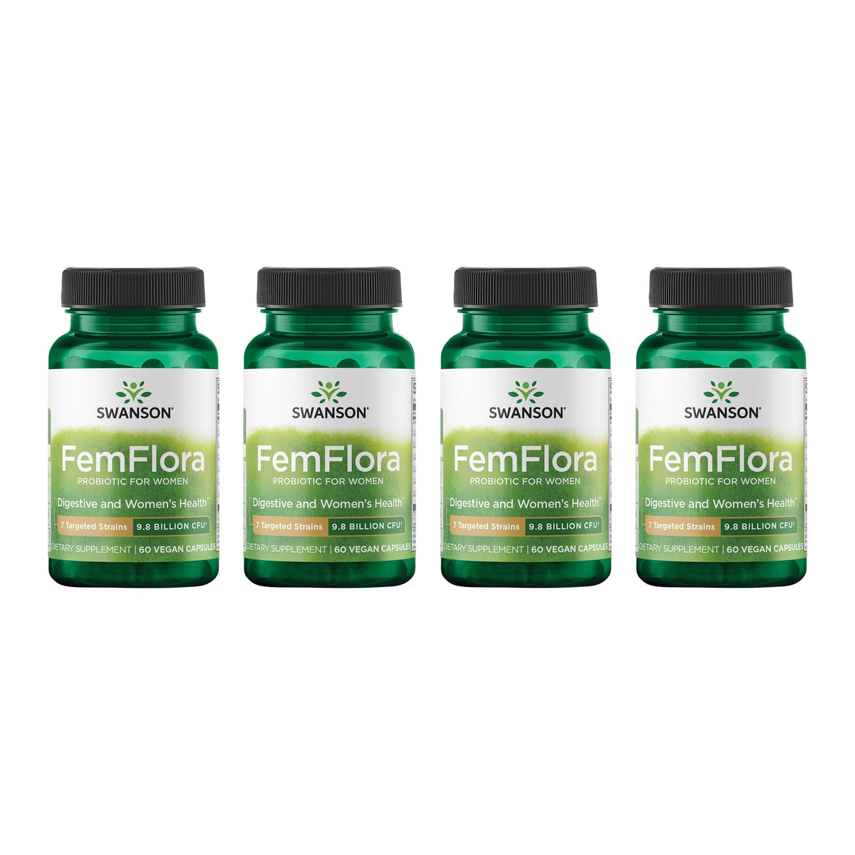 Swanson FemFlora bottle front highlighting the feminine probiotic formula for gut, oral, and vaginal support