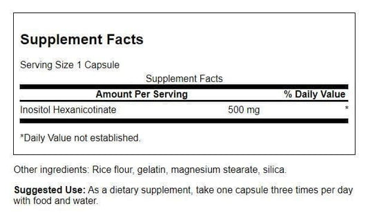 Close-up of Swanson Flush Free Niacin 500mg capsules for easy-swallow daily use