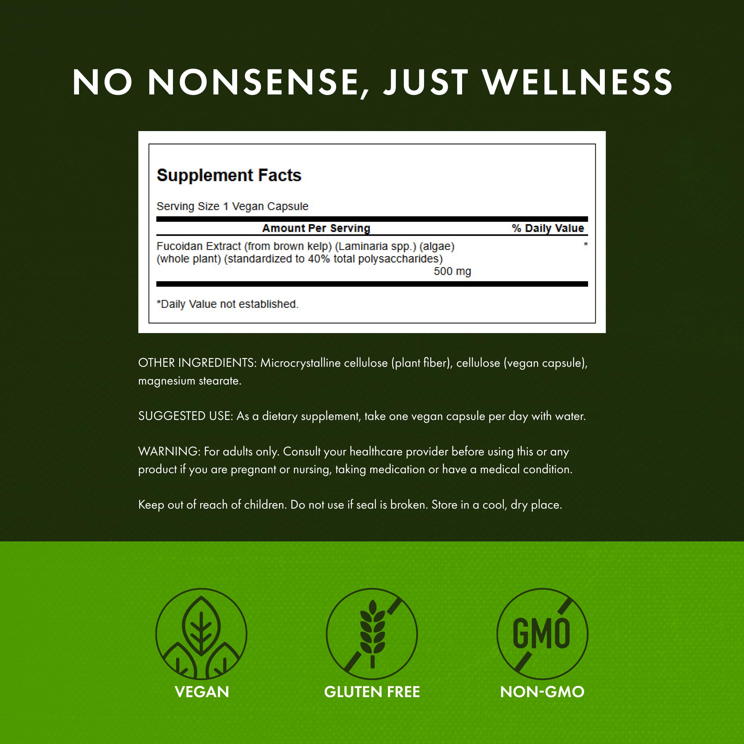 Swanson Fucoidan Extract bottle-label back showing GMP and third-party testing