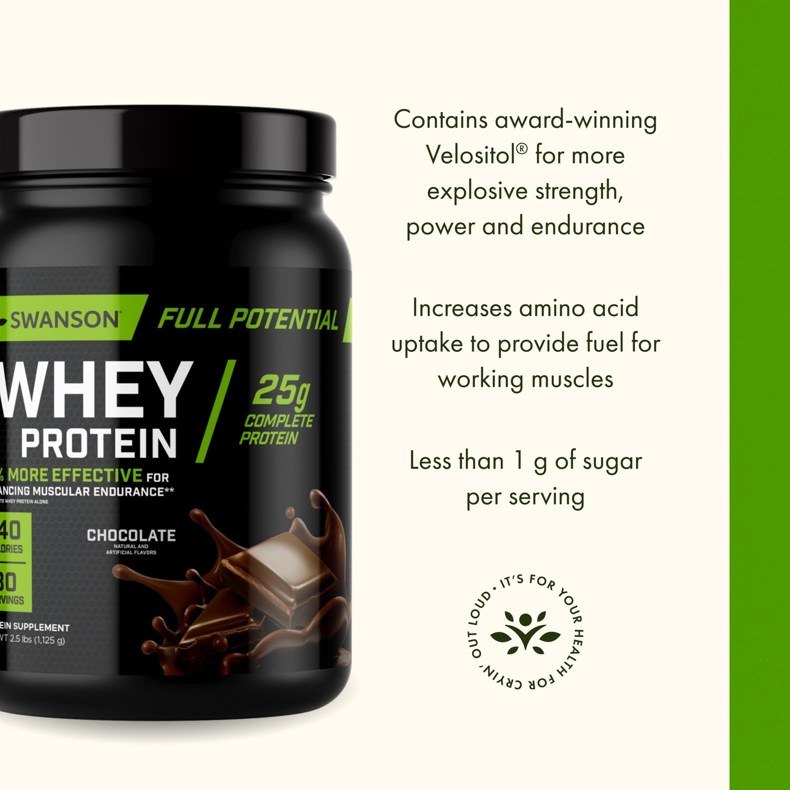 Swanson Full Potential Whey Protein chocolate blend emphasizes creamy texture and taste