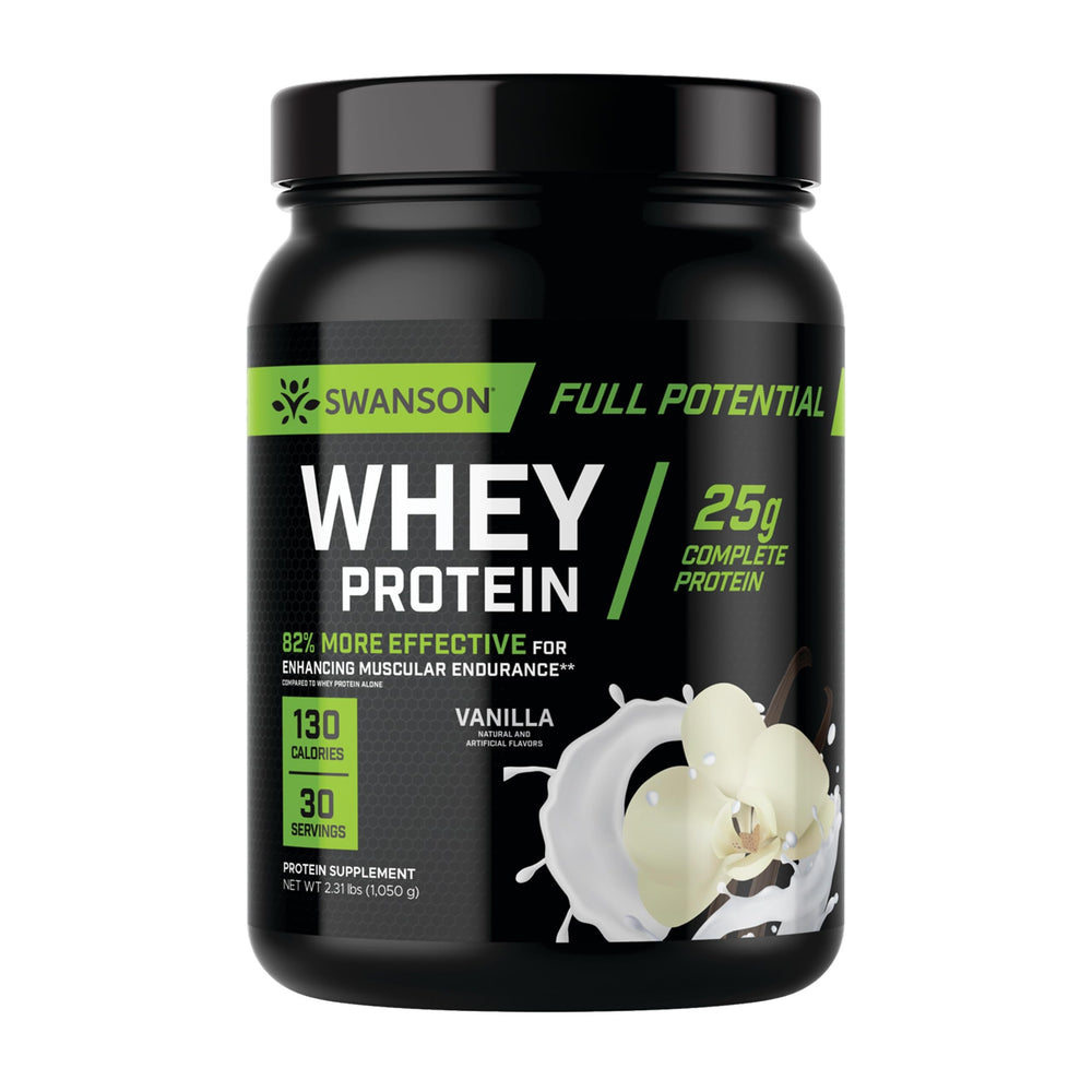 Swanson Full Potential Whey Protein Vanilla bottle for convenient protein fueling