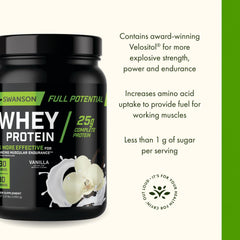 Swanson Full Potential Whey Protein Vanilla label with Velositol for enhanced strength and endurance