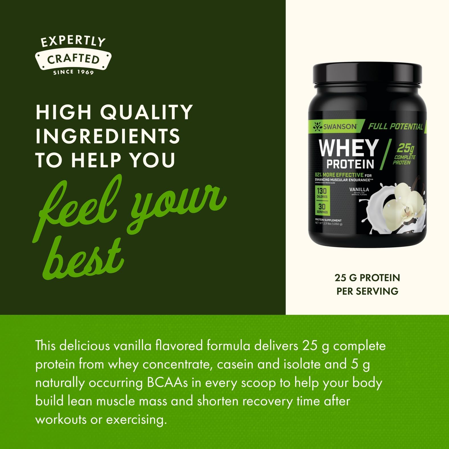 Swanson Full Potential Whey Protein Vanilla scoop beside oats for a balanced breakfast