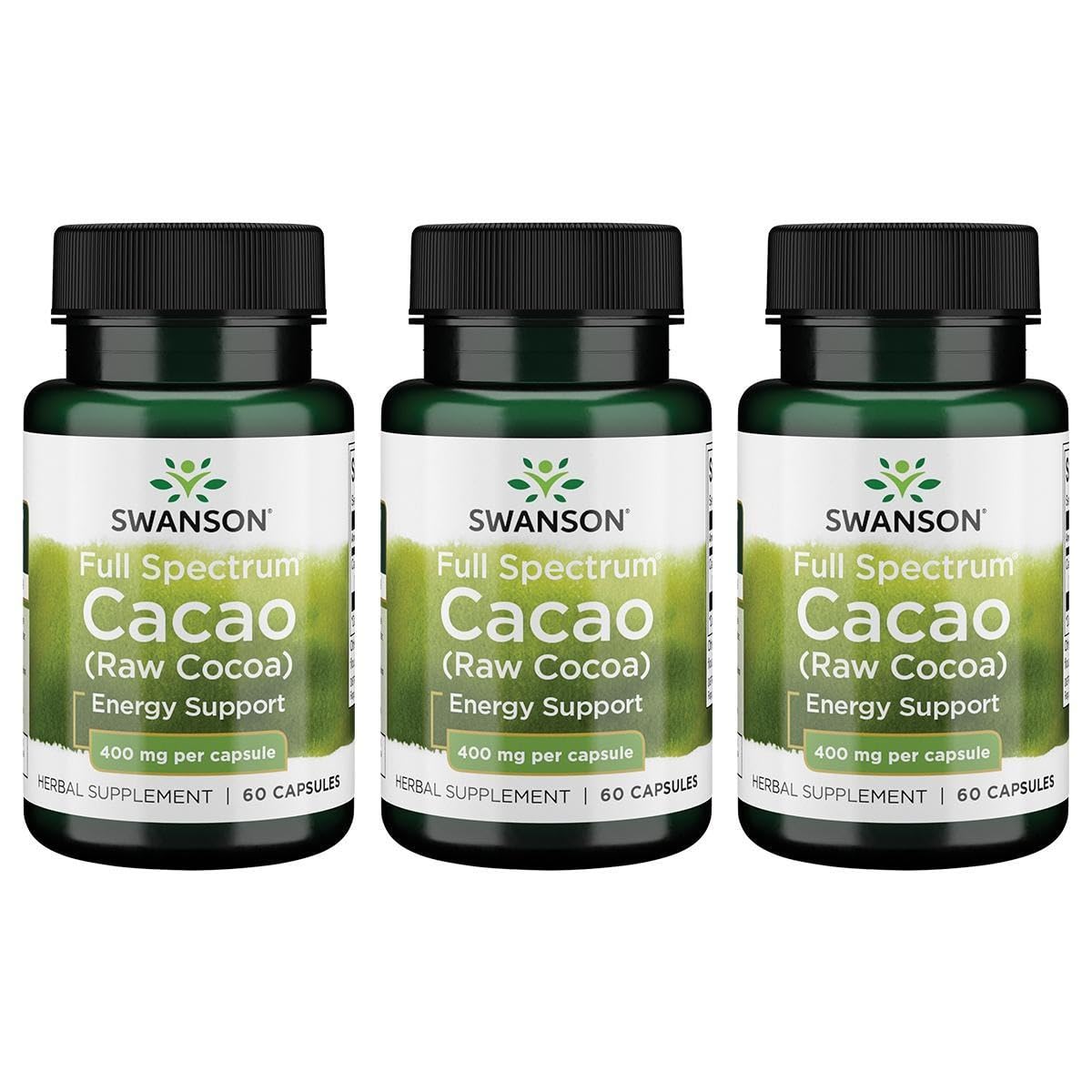 Swanson Full Spectrum Cacao bottle 3-pack for natural energy support and daily wellness.