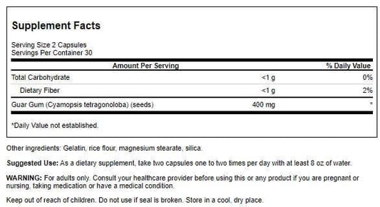 Close-up of Swanson guar gum capsules showing 400 mg dosage for convenience.