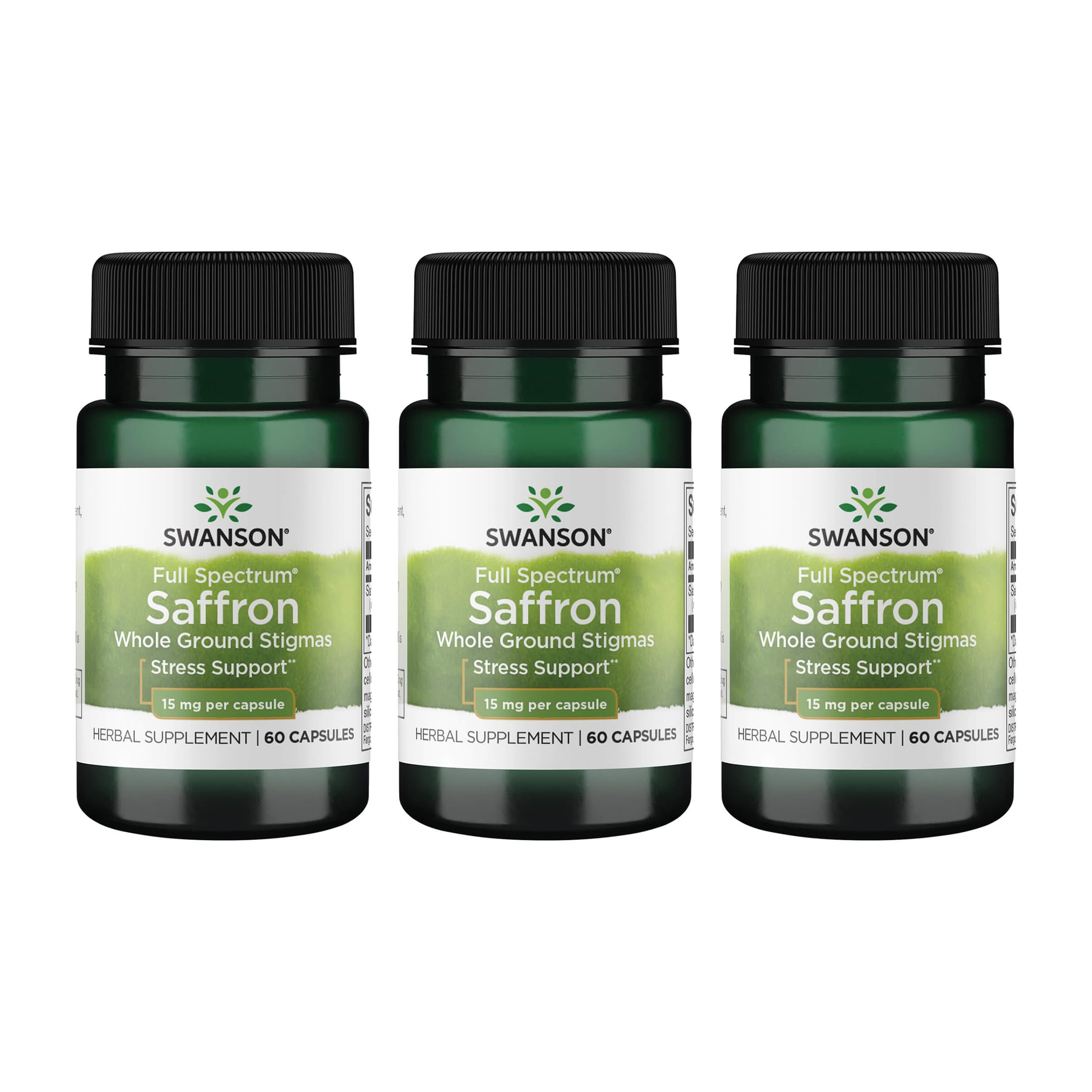 Swanson Full Spectrum Saffron bottle showing whole-ground stigmas for mood support