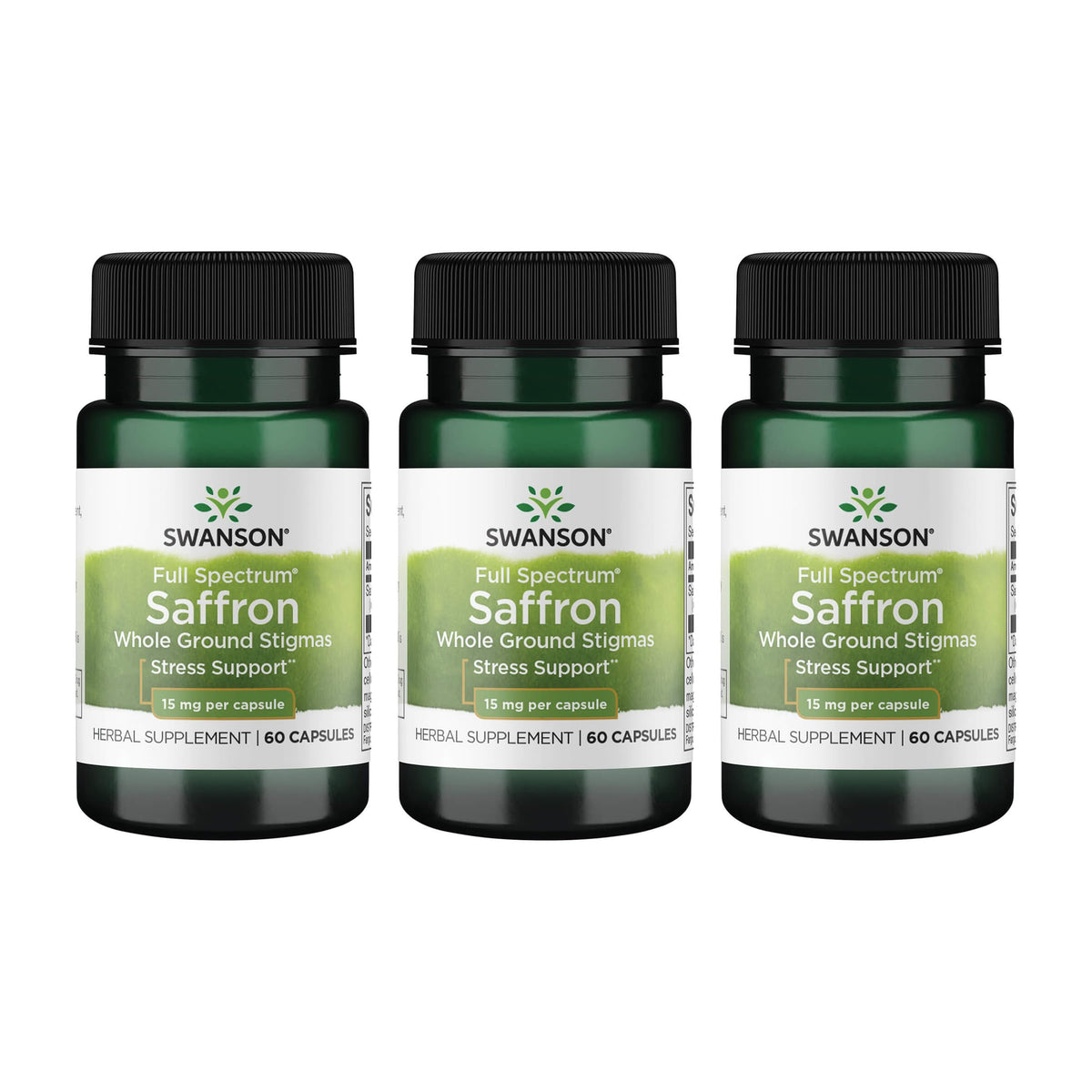 Swanson Full Spectrum Saffron bottle showing whole-ground stigmas for mood support