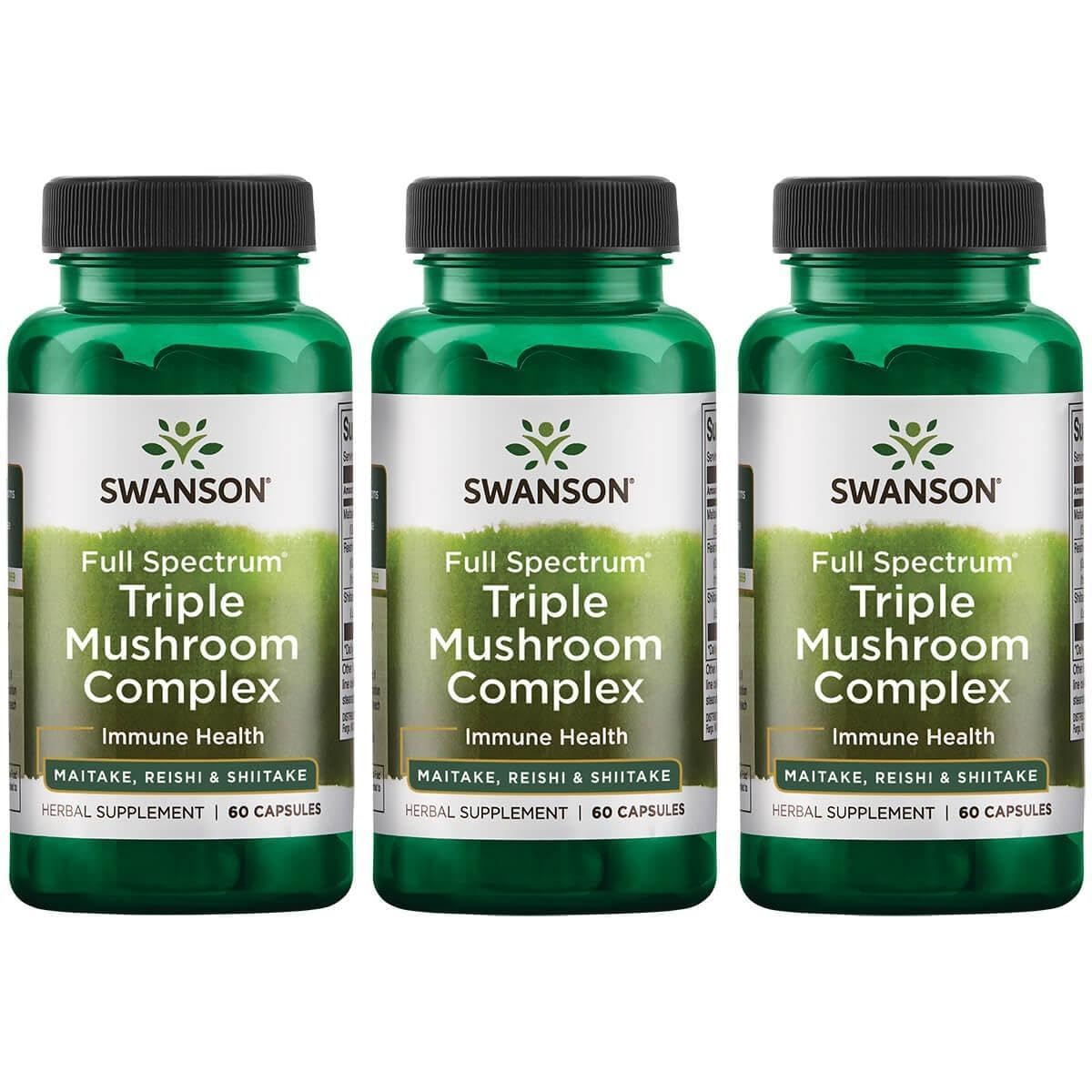 Swanson Full Spectrum Triple Mushroom Complex 60 capsules 3-pack on display, potential energy and mood support