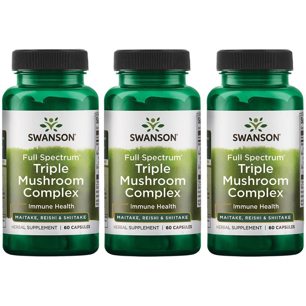 Swanson Full Spectrum Triple Mushroom Complex 60 capsules 3-pack on display, potential energy and mood support