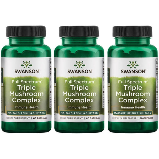 Swanson Full Spectrum Triple Mushroom Complex 60 capsules 3-pack on display, potential energy and mood support
