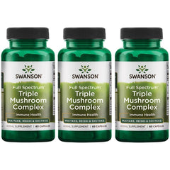Swanson Full Spectrum Triple Mushroom Complex 60 capsules 3-pack on display, potential energy and mood support