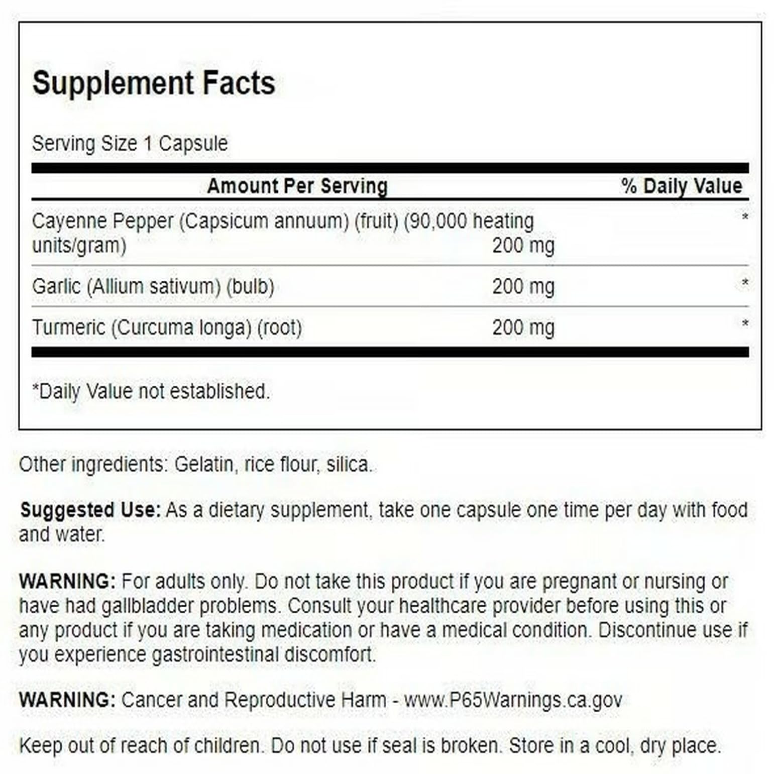 Swanson Full Spectrum Turmeric Garlic Cayenne bottle pour showing convenient daily capsules.