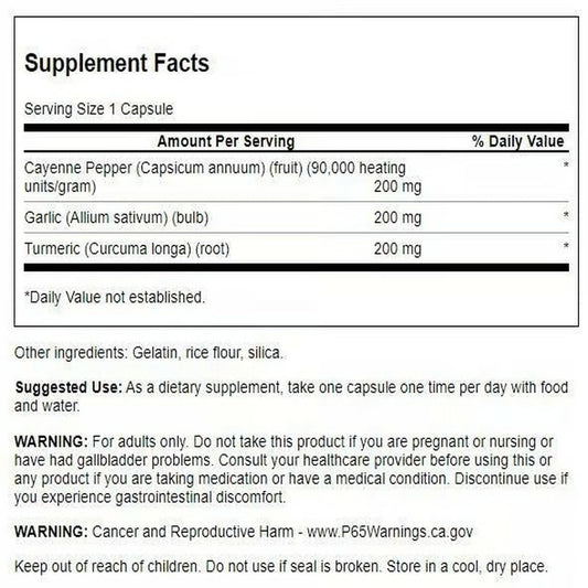 Swanson Full Spectrum Turmeric Garlic Cayenne bottle pour showing convenient daily capsules.