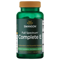 Swanson full-spectrum vitamin E softgels in bottle for daily wellness.