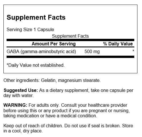 Swanson GABA capsules closeup highlights high potency 500mg for daily calm.